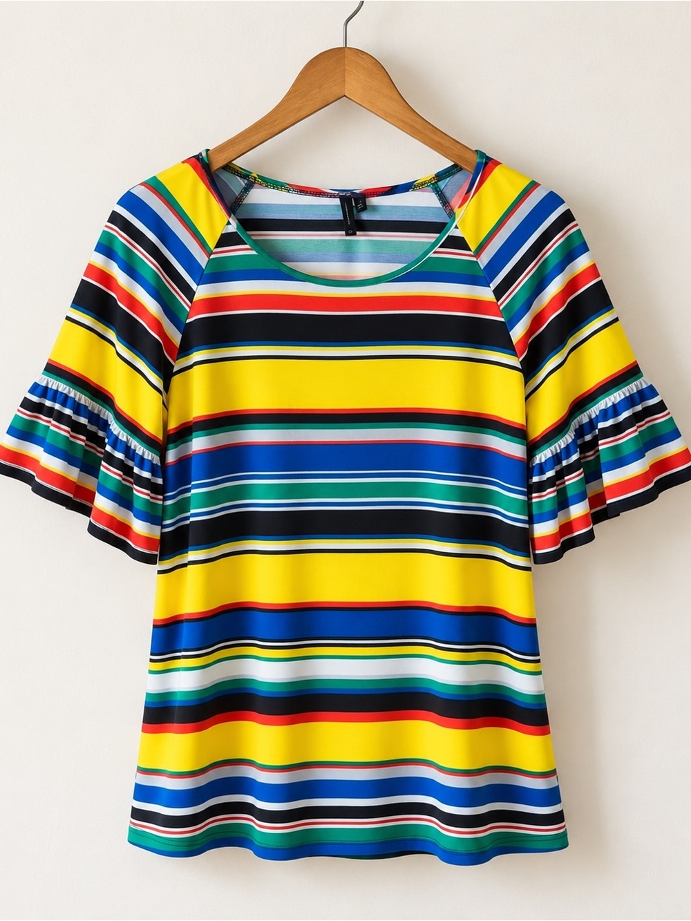 Yellow Fiesta Stripe Ruffle Sleeve Top | Y2K Retro Knit Blouse GUC L #814